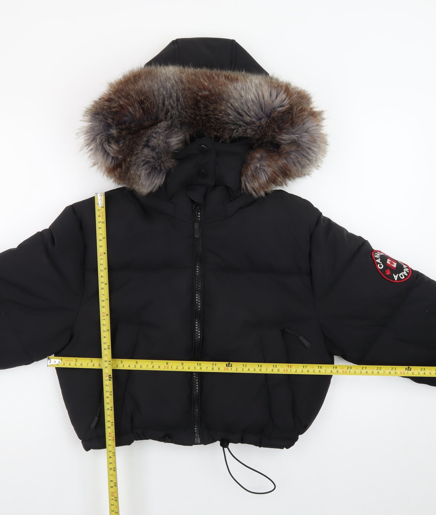 Red Chilli Womens Black S Cropped Puffer Jacket with Faux Fur Hood