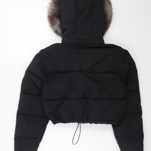 Red Chilli Womens Black S Cropped Puffer Jacket with Faux Fur Hood