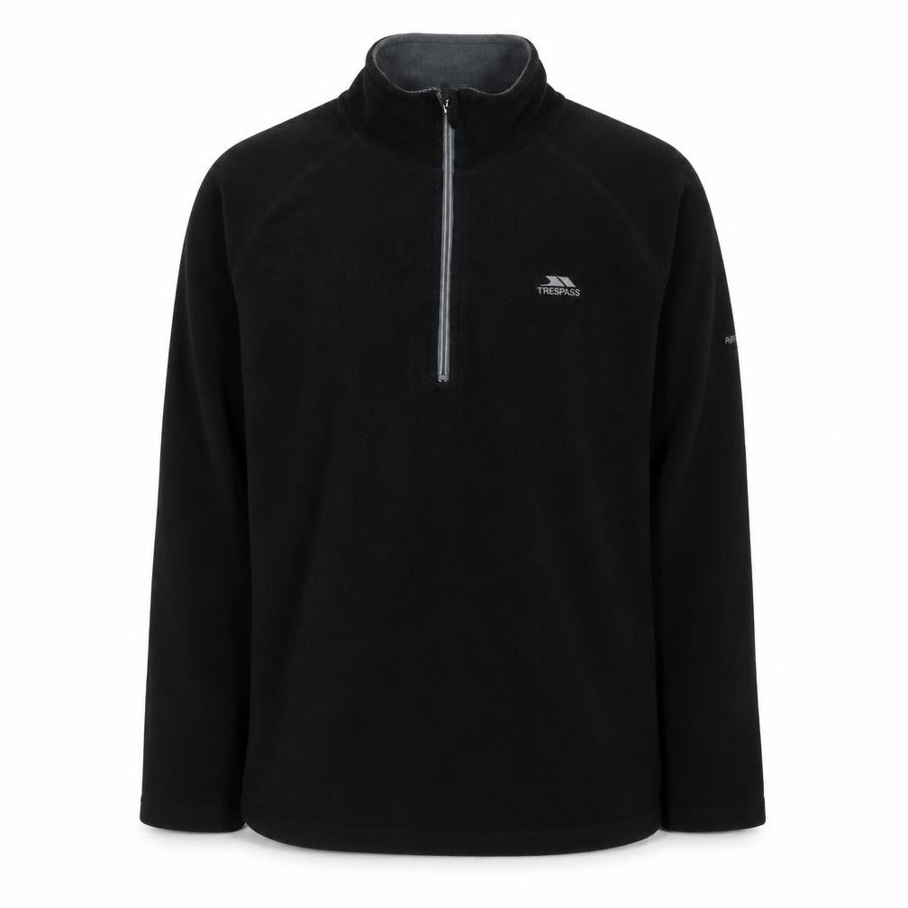 Front view of Trespass men’s black fleece half zip pullover sweatshirt, size L