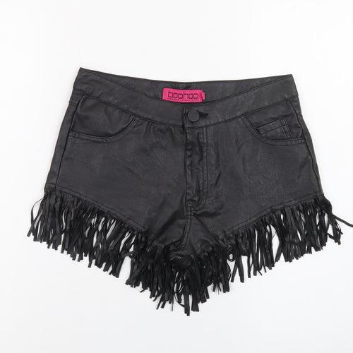 Boohoo Women's Black Faux Leather Fringe Hot Pants Shorts Size 8