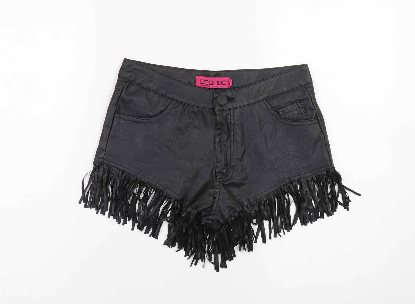 Boohoo Women's Black Faux Leather Fringe Hot Pants Shorts Size 8
