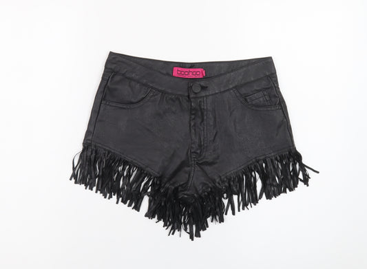Boohoo Women's Black Faux Leather Fringe Hot Pants Shorts Size 8