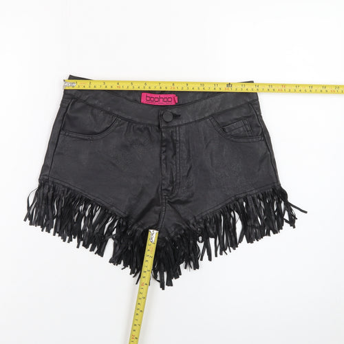 Boohoo Women's Black Faux Leather Fringe Hot Pants Shorts Size 8