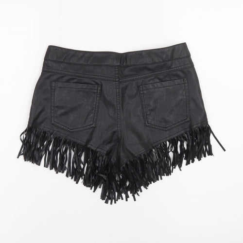 Boohoo Women's Black Faux Leather Fringe Hot Pants Shorts Size 8