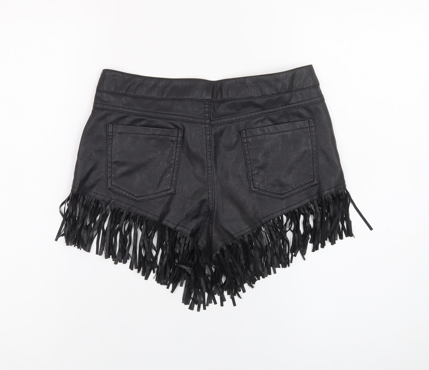 Boohoo Women's Black Faux Leather Fringe Hot Pants Shorts Size 8