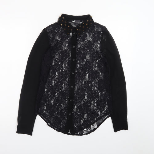 Sparkle & Fade Women's Black Lace Collared Studded Long Sleeve Blouse XS