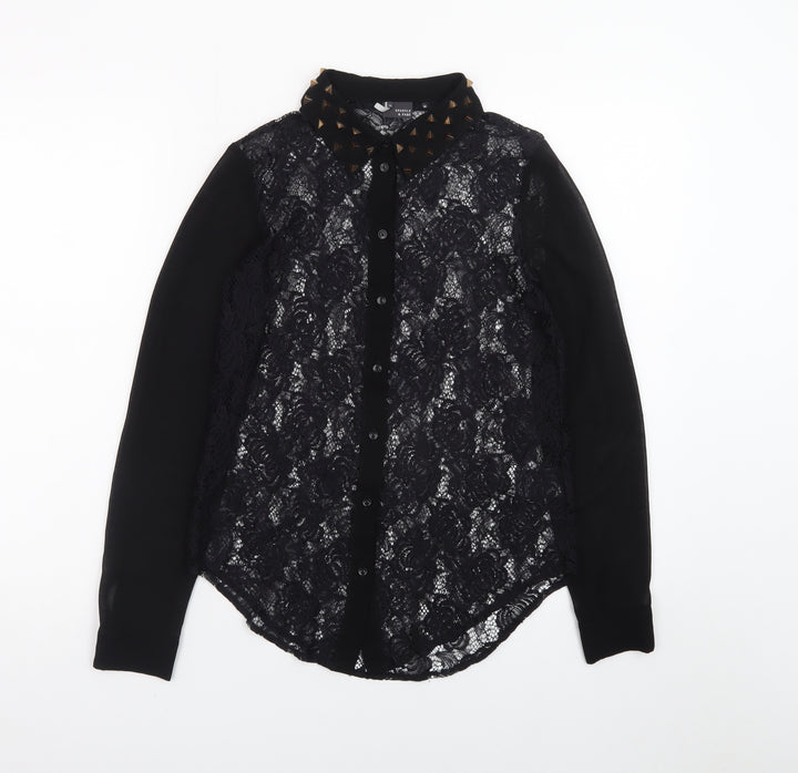 Sparkle & Fade Women's Black Lace Collared Studded Long Sleeve Blouse XS