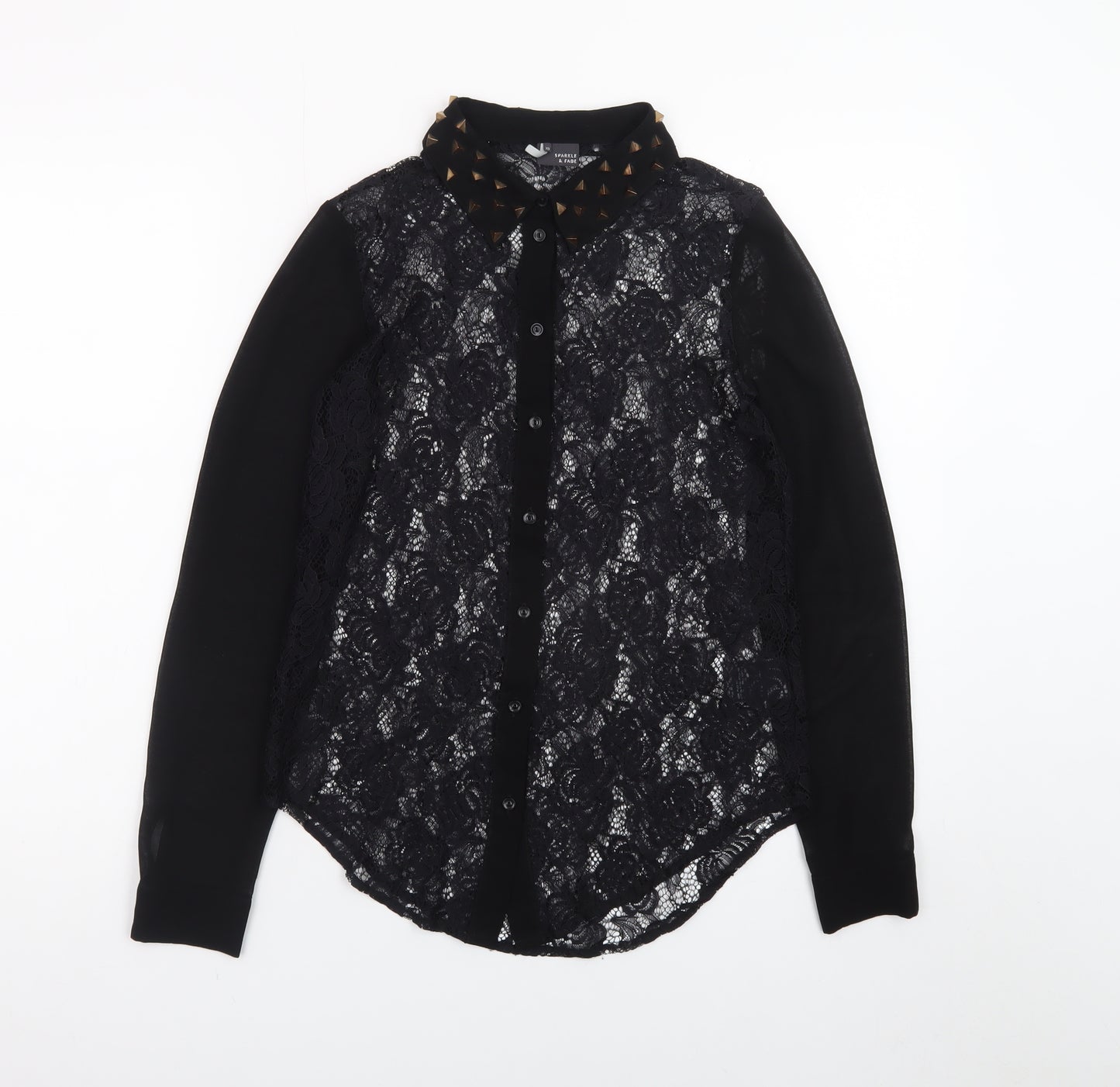 Sparkle & Fade Women's Black Lace Collared Studded Long Sleeve Blouse XS