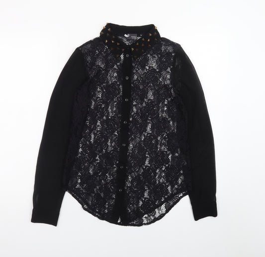 Sparkle & Fade Women's Black Lace Collared Studded Long Sleeve Blouse XS