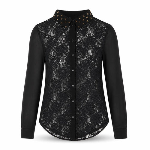 Sparkle & Fade Women's Black Lace Collared Studded Long Sleeve Blouse XS