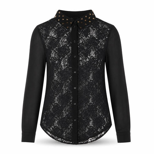 Front view of Sparkle & Fade Women's Black Lace Collared Studded Long Sleeve Blouse XS