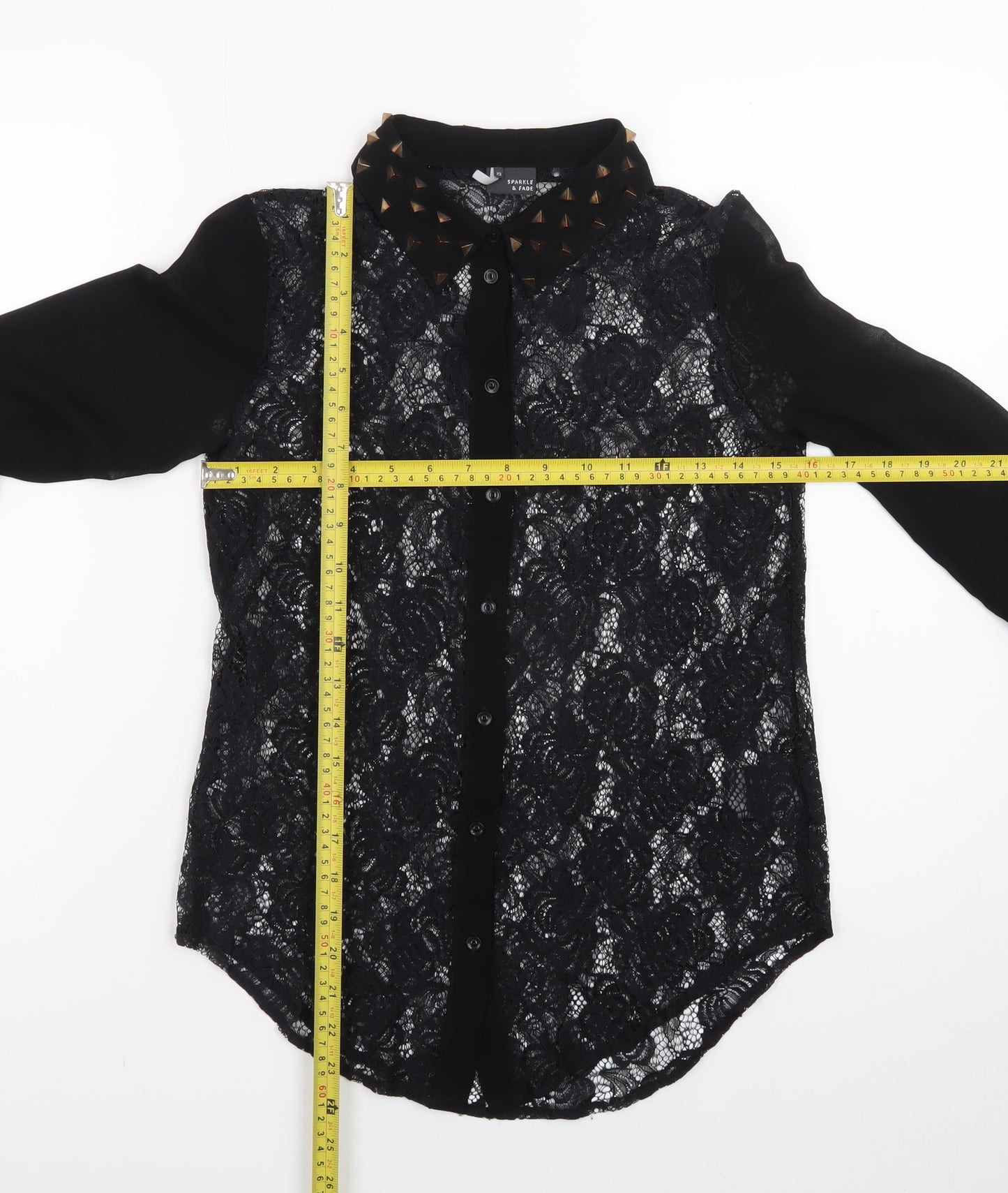 Sparkle & Fade Women's Black Lace Collared Studded Long Sleeve Blouse XS