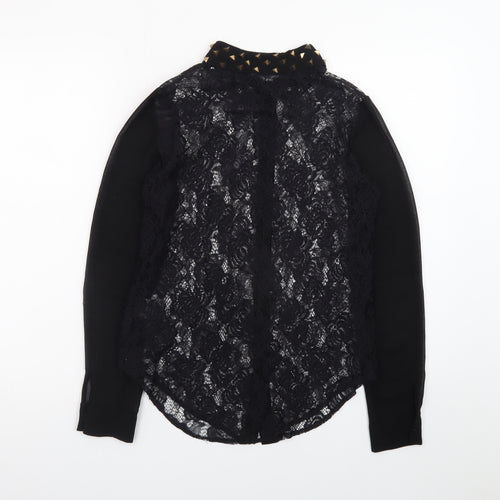 Sparkle & Fade Women's Black Lace Collared Studded Long Sleeve Blouse XS