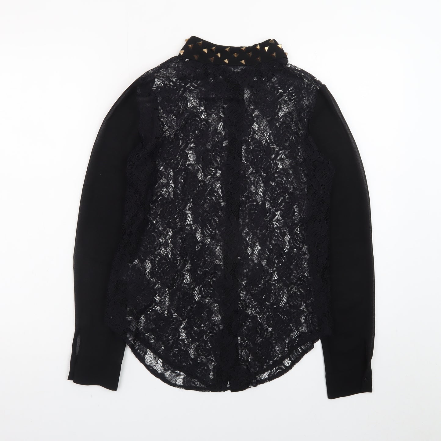 Sparkle & Fade Women's Black Lace Collared Studded Long Sleeve Blouse XS