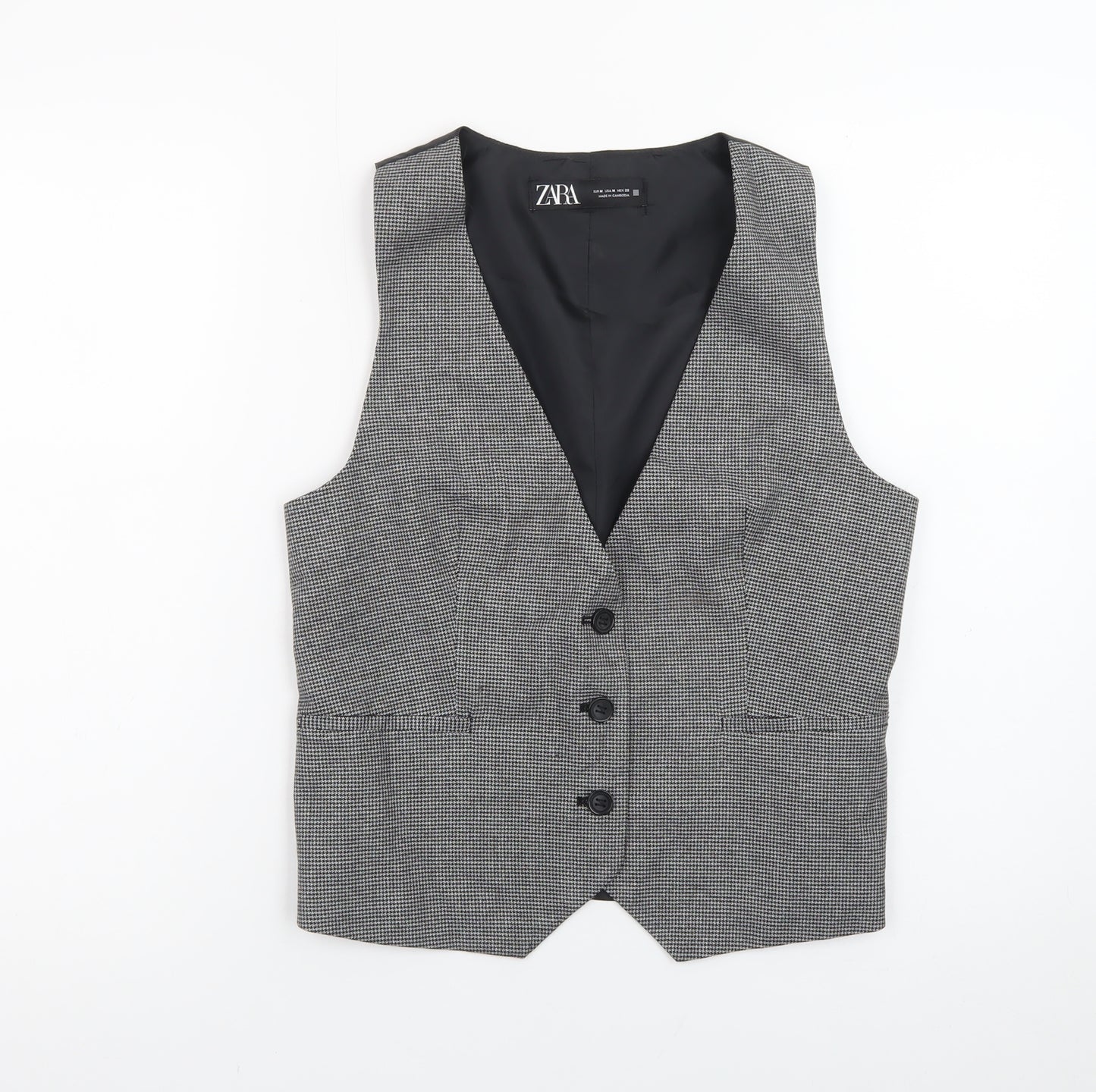 Zara Women Grey Check Waistcoat Vest Medium Classic Tailored