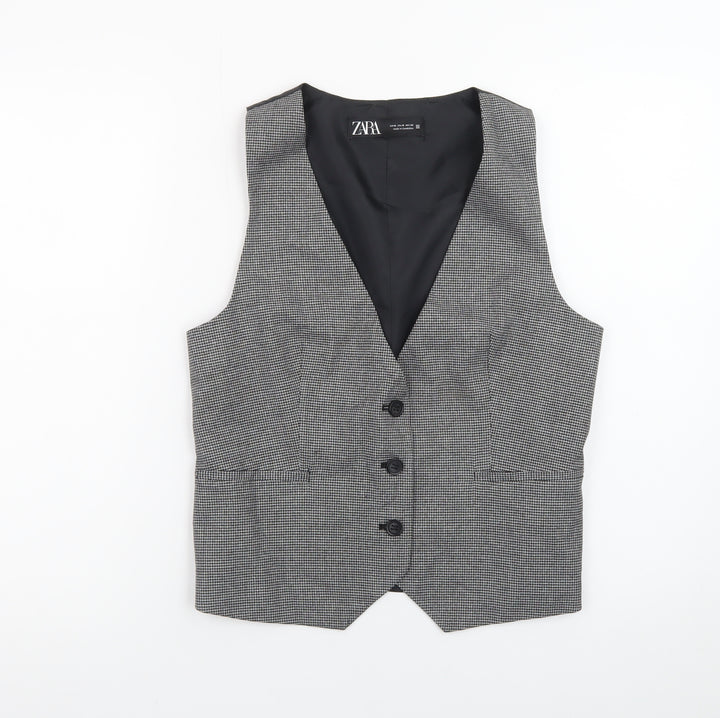 Zara Women Grey Check Waistcoat Vest Medium Classic Tailored