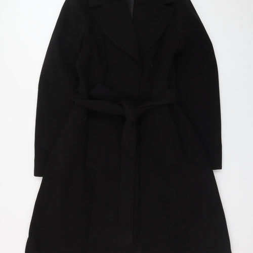 BHS Women Black Wool Blend Long Belted Overcoat Size 10