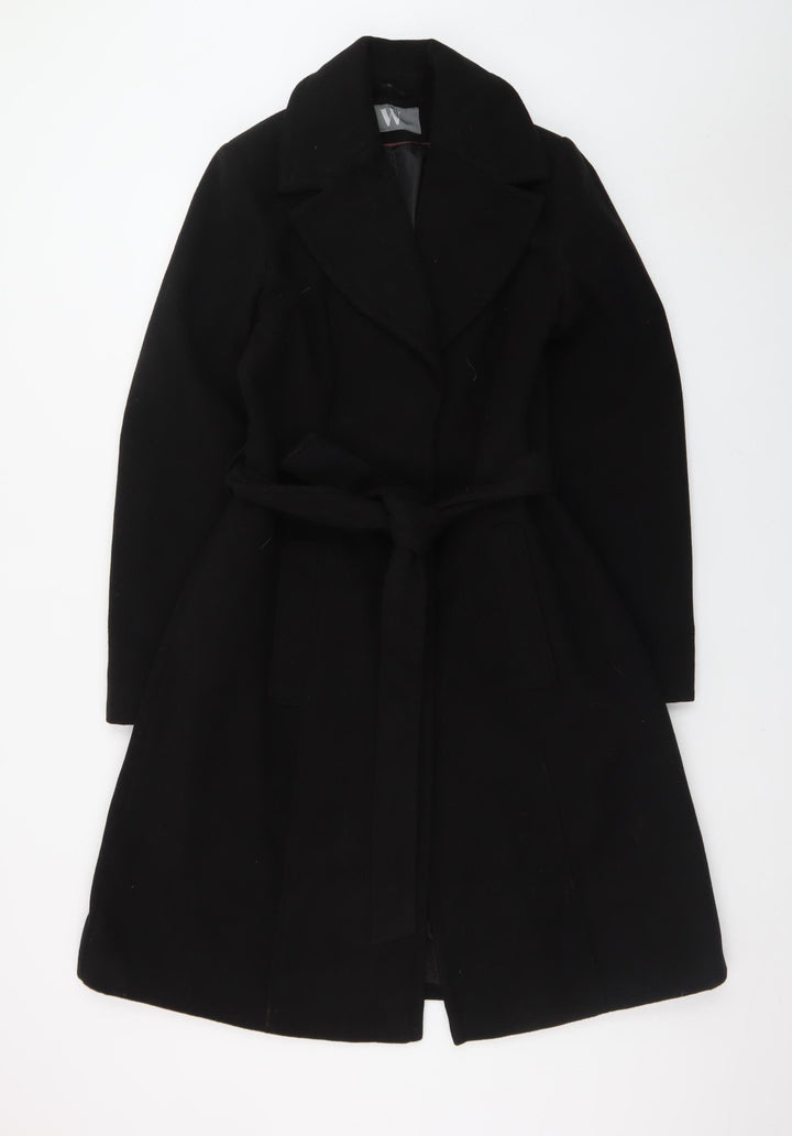 BHS Women Black Wool Blend Long Belted Overcoat Size 10