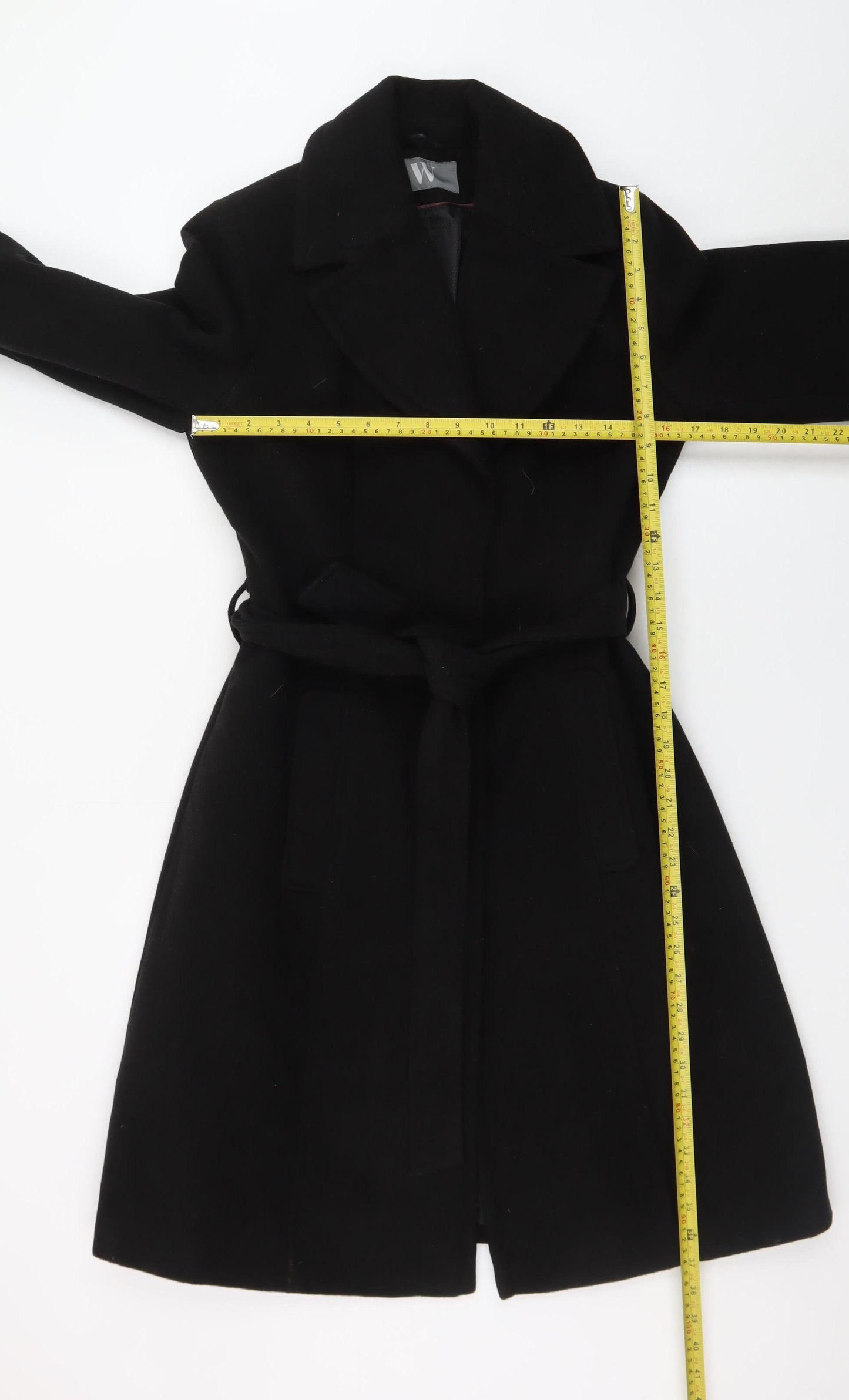 BHS Women Black Wool Blend Long Belted Overcoat Size 10