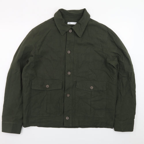 Zara Men Green Cotton Linen Military Jacket L 42 Regular