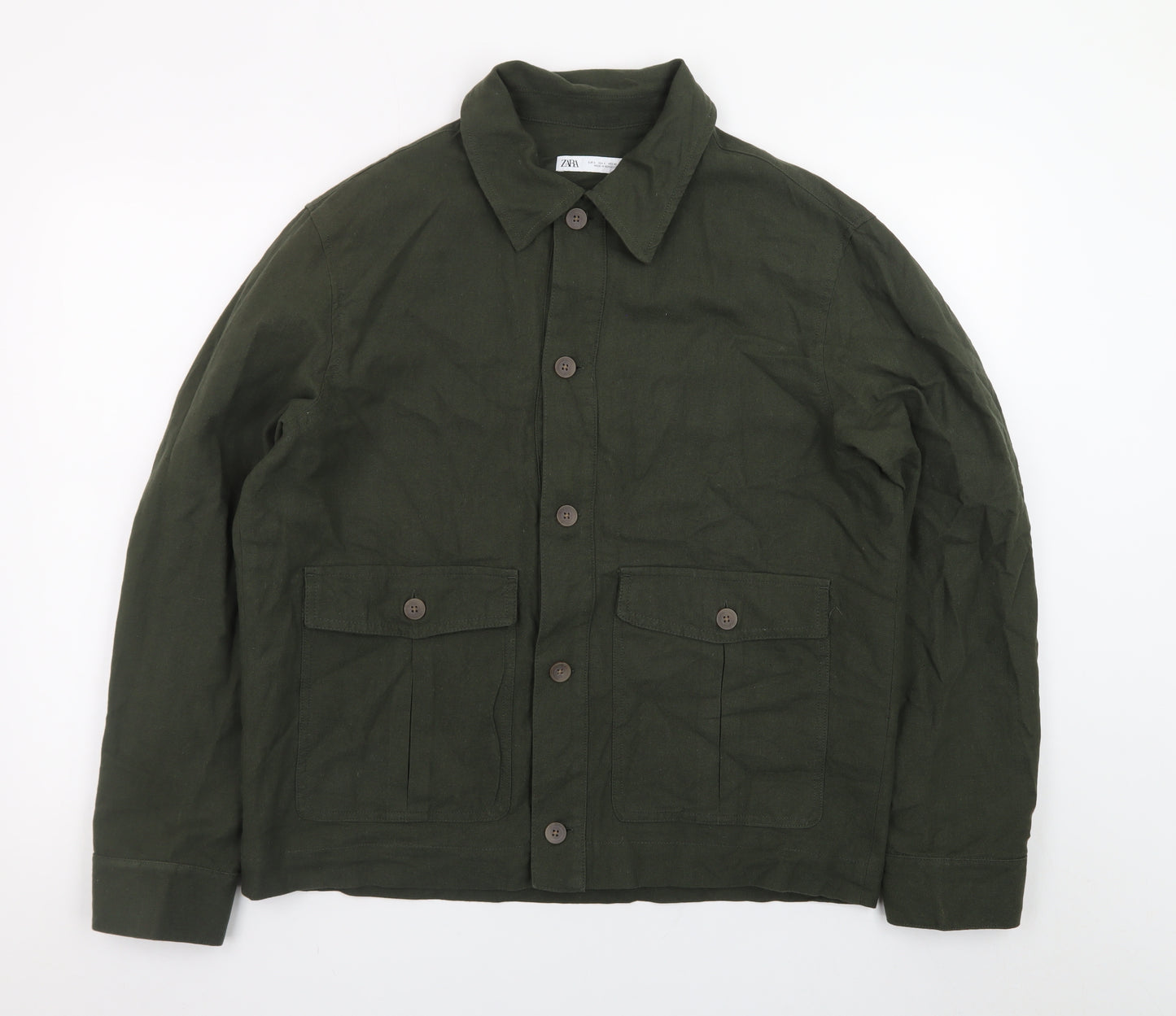 Zara Men Green Cotton Linen Military Jacket L 42 Regular
