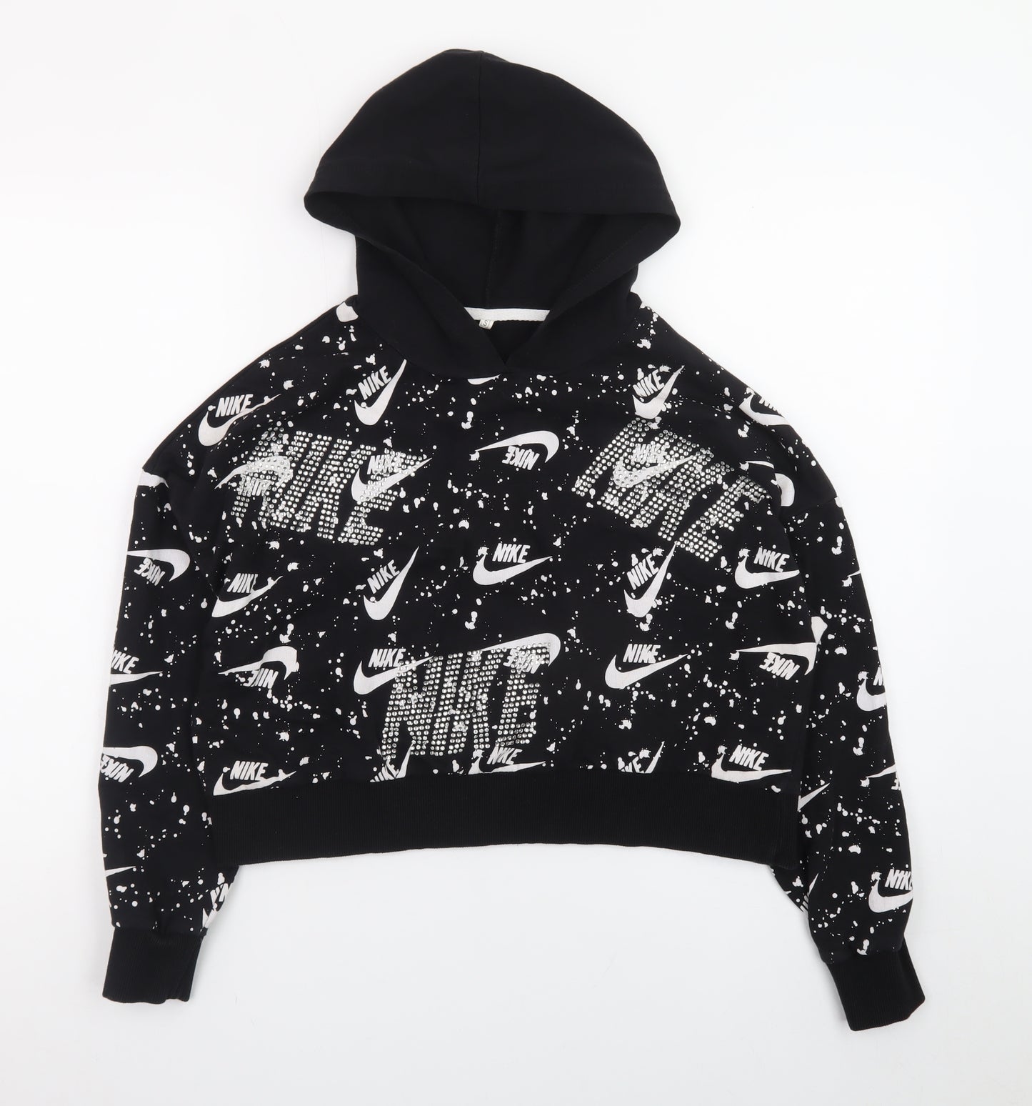 Nike Womens Black White Logo Print Pullover Hoodie Size S
