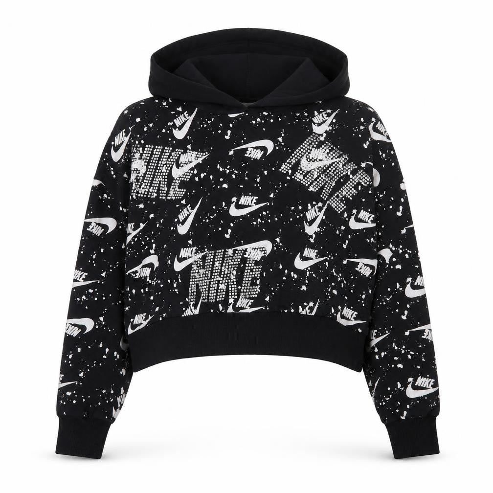 Front view of Nike women’s black white logo print pullover hoodie, size S