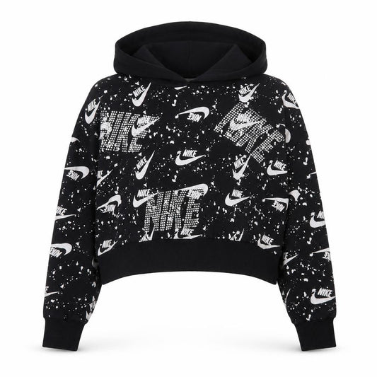 Front view of Nike women’s black white logo print pullover hoodie, size S