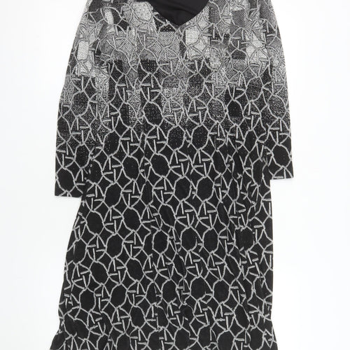 Dolcezza Women Black Geometric Shift Dress Size S 3/4 Sleeve V-Neck
