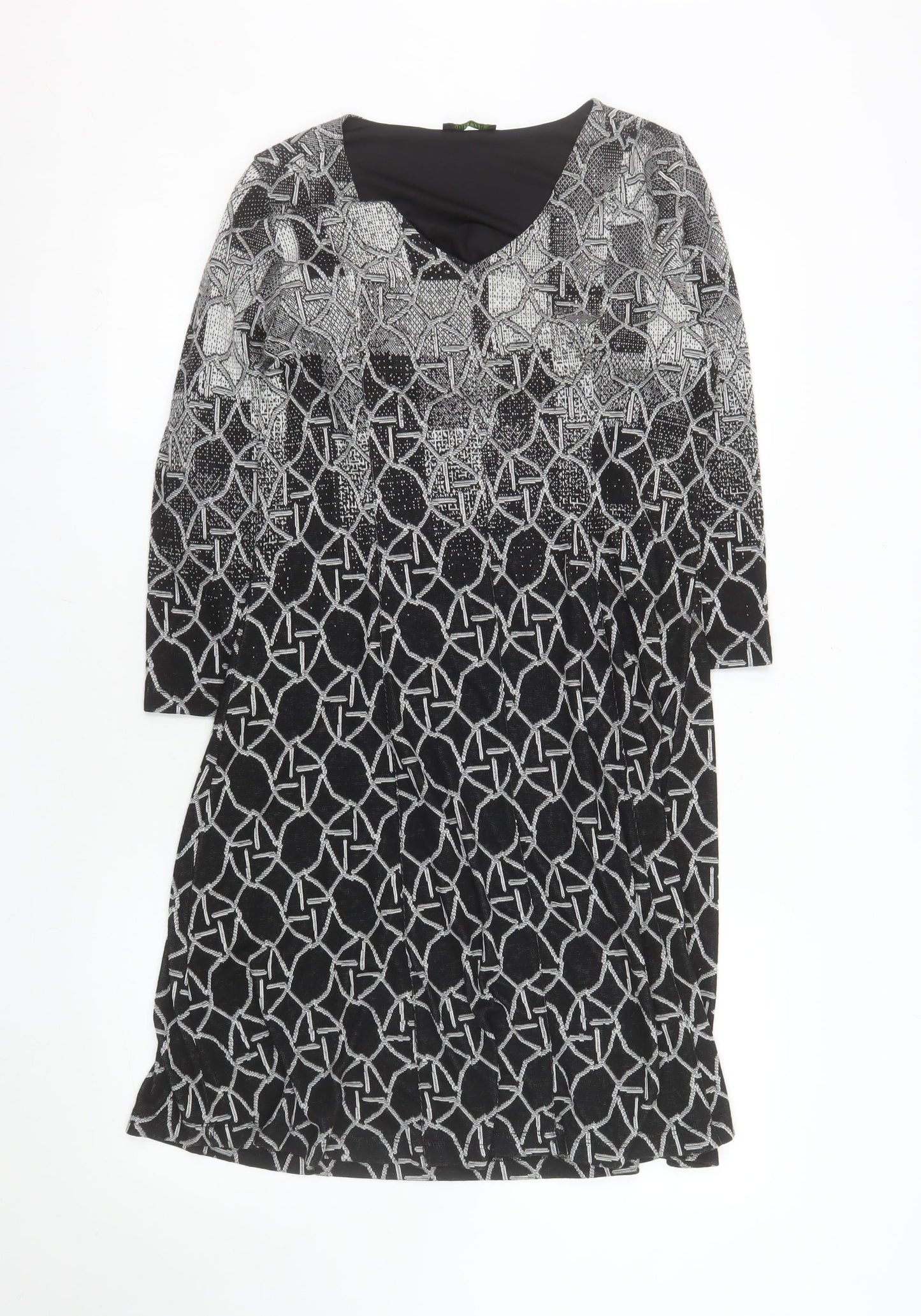 Dolcezza Women Black Geometric Shift Dress Size S 3/4 Sleeve V-Neck