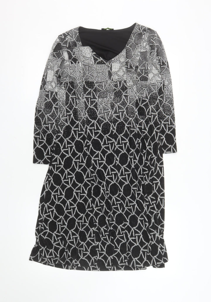 Dolcezza Women Black Geometric Shift Dress Size S 3/4 Sleeve V-Neck
