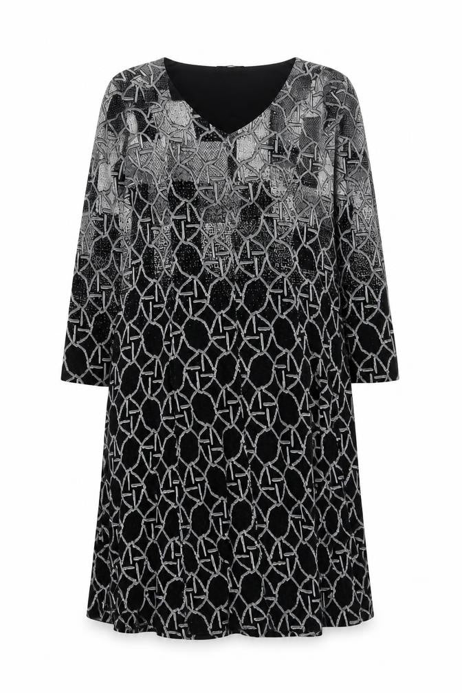 Front view of Dolcezza Women Black Geometric Shift Dress, size S, 3/4 Sleeve V-Neck
