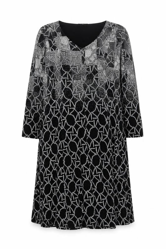 Front view of Dolcezza Women Black Geometric Shift Dress, size S, 3/4 Sleeve V-Neck