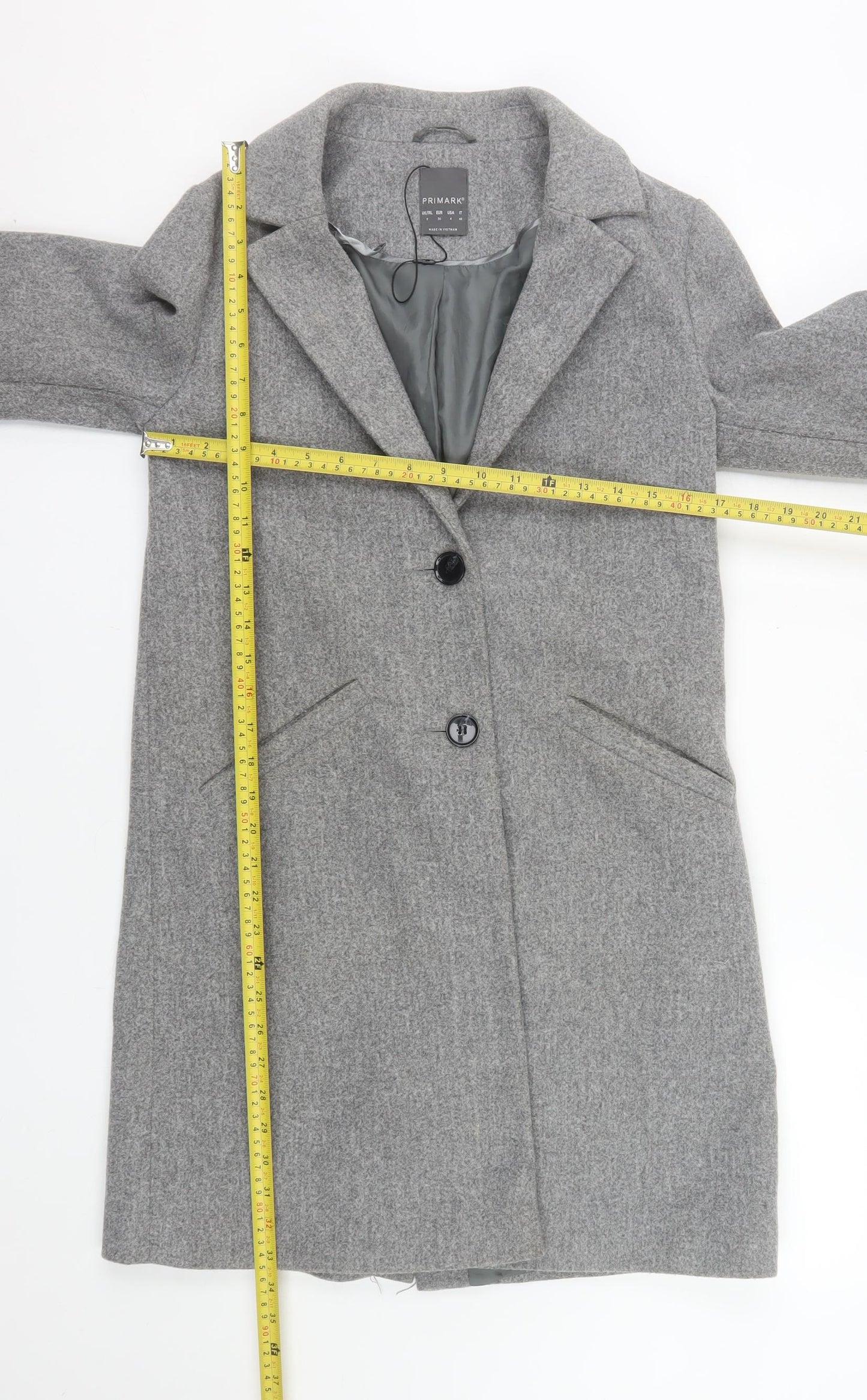 Primark Women's Grey Wool Blend Mid-Length Overcoat Size 8