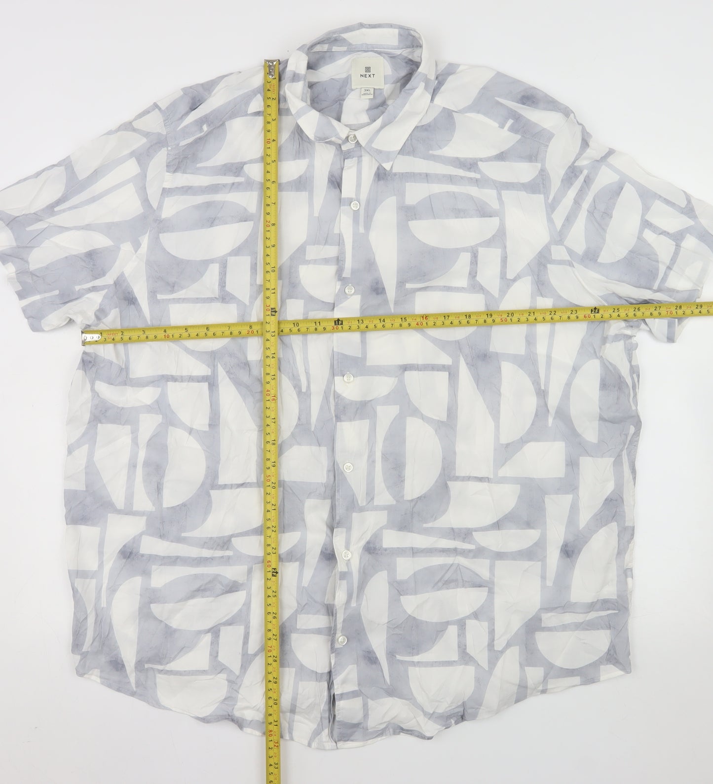 Next Men's Grey Geometric Cotton Viscose 3XL Short Sleeve Button-Up Shirt