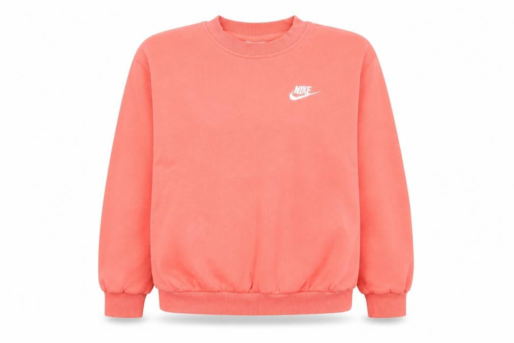 Front view of Nike girls’ pink crew neck pullover sweatshirt, size S, 128-137cm