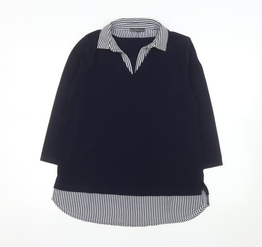 Adrianna Papell Women Blue Striped Collar Tunic Blouse Size S