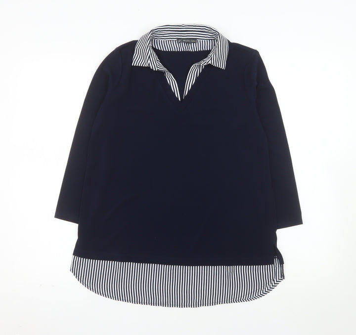Adrianna Papell Women Blue Striped Collar Tunic Blouse Size S