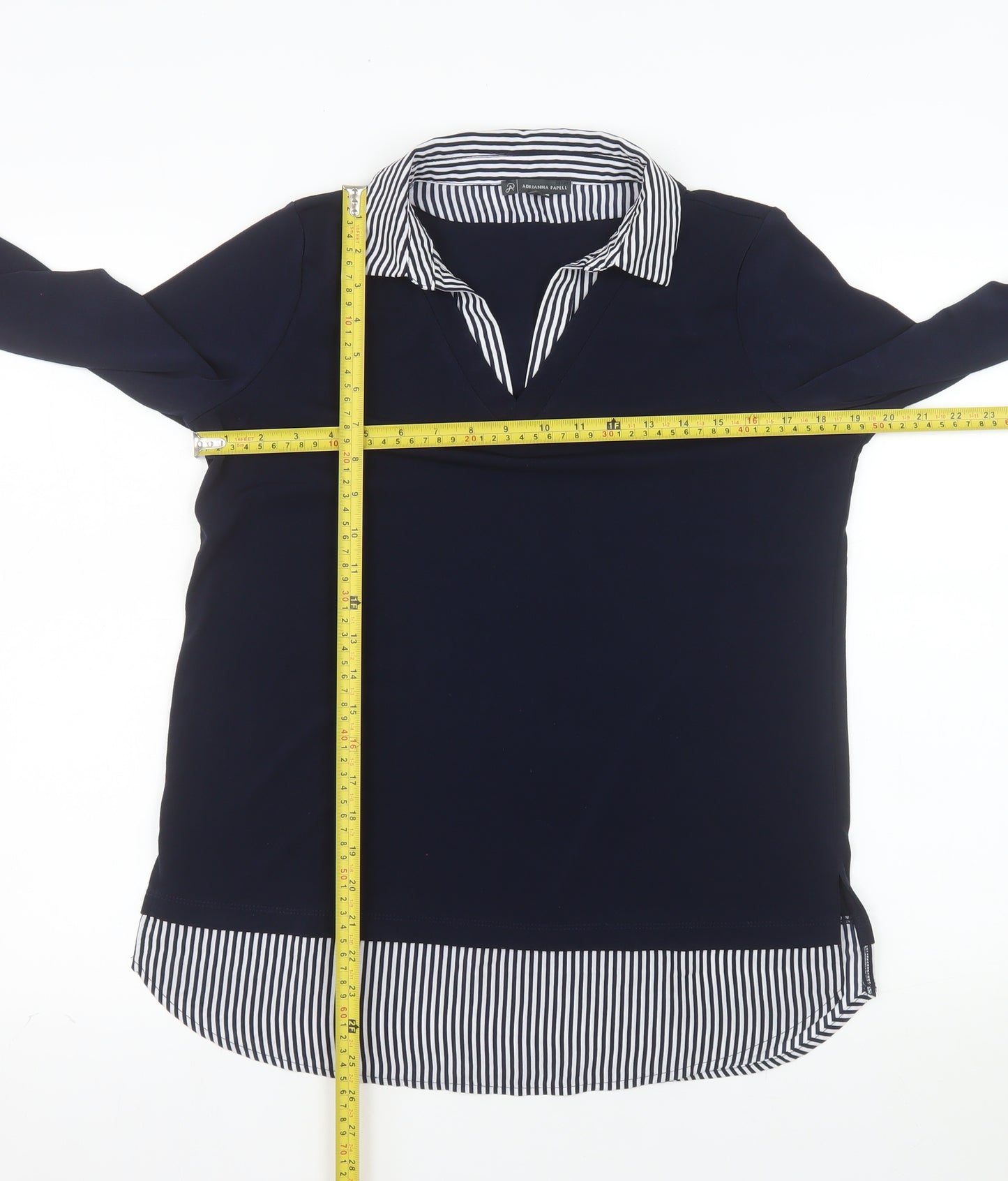 Adrianna Papell Women Blue Striped Collar Tunic Blouse Size S