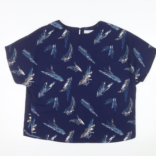 Gallery Women Blue Feather Print Short Sleeve Blouse Size L