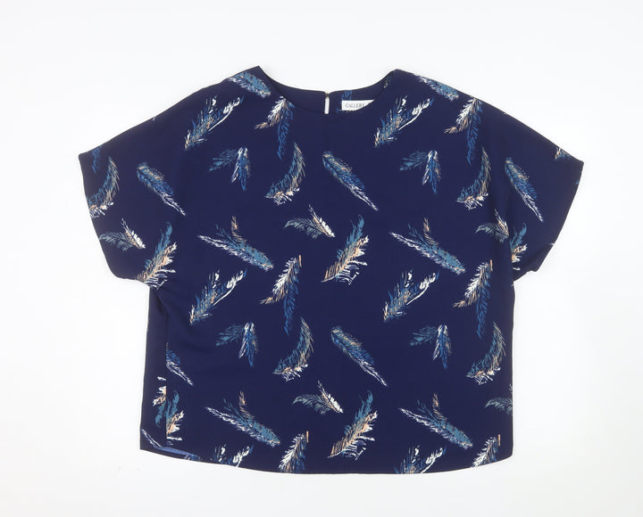 Gallery Women Blue Feather Print Short Sleeve Blouse Size L
