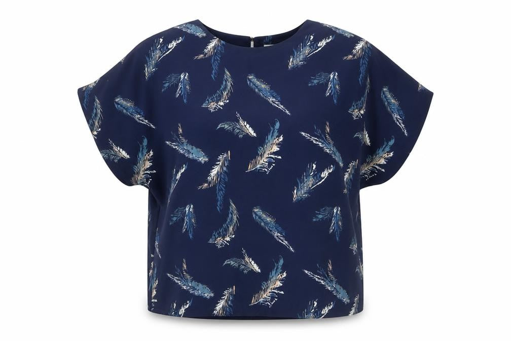 Front view of Gallery Women Blue Feather Print Short Sleeve Blouse, size L
