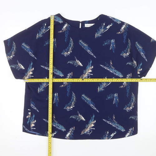 Gallery Women Blue Feather Print Short Sleeve Blouse Size L