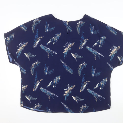 Gallery Women Blue Feather Print Short Sleeve Blouse Size L