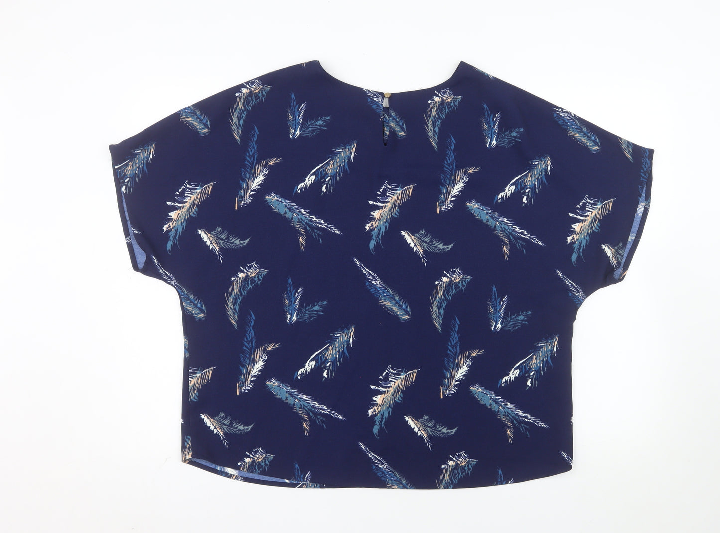 Gallery Women Blue Feather Print Short Sleeve Blouse Size L