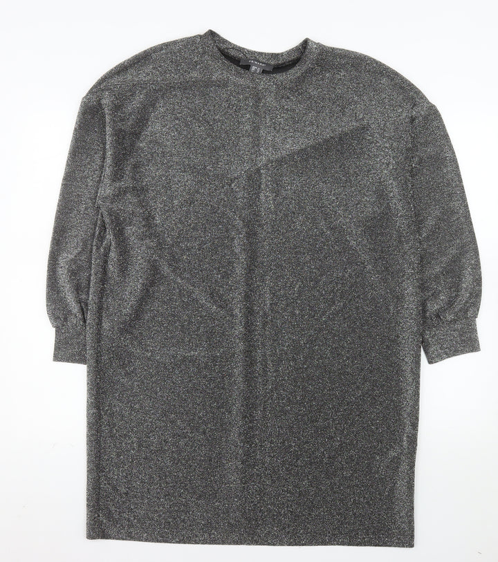 Primark Women’s Silver Glitter Shift Dress Size 14 Long Sleeve Party