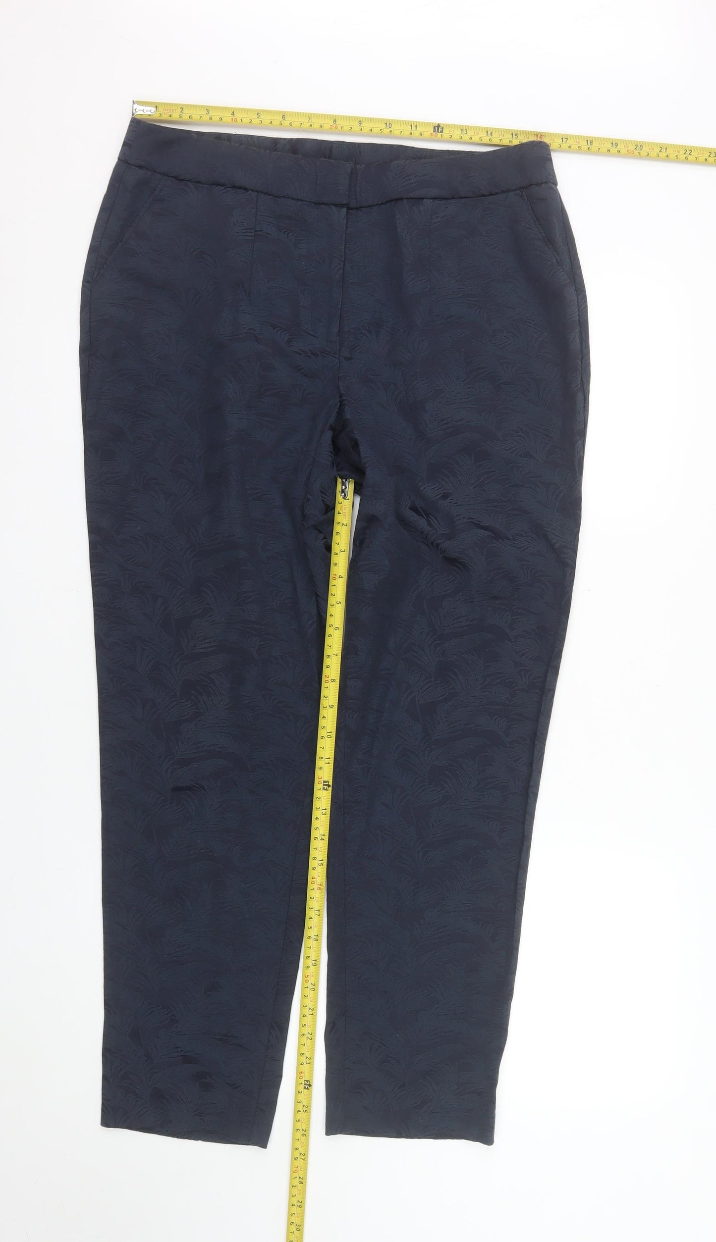 Bonmarché Women's Blue Jacquard Straight Leg Trousers Size 14