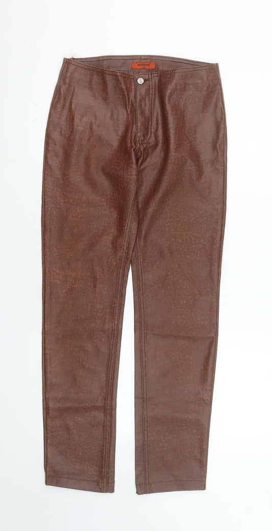 Wampum Womens Brown Faux Leather High Rise Straight Trousers Size 12