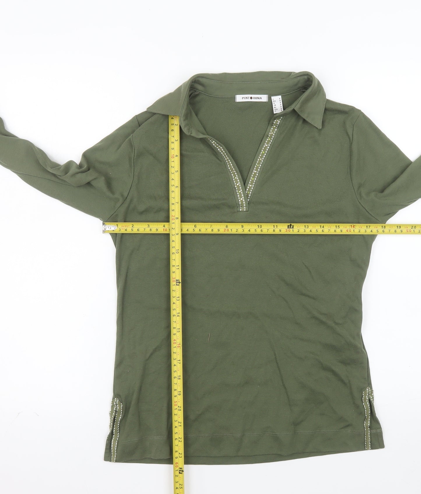 Punto Roma Women’s Green Collared Polo Top Size M Long Sleeve