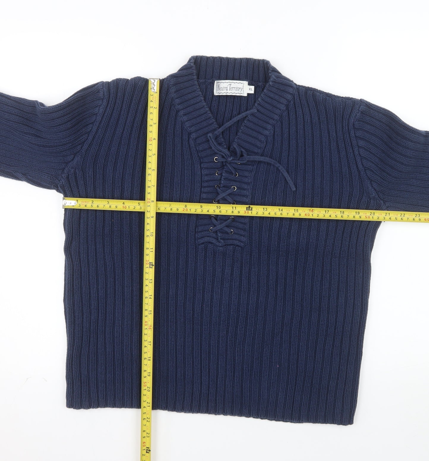 Neutral Territory Men's Blue Lace Up Knit Henley Sweatshirt XL